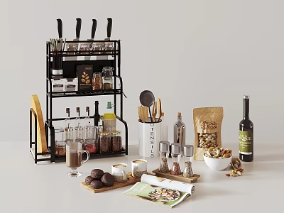 Organized Kitchen Counter with Knife Block Spice Jars Coffee Supplies Recipe Magazine and Cooking Tools 3d model