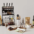 Organized Kitchen Counter with Knife Block Spice Jars Coffee Supplies Recipe Magazine and Cooking Tools