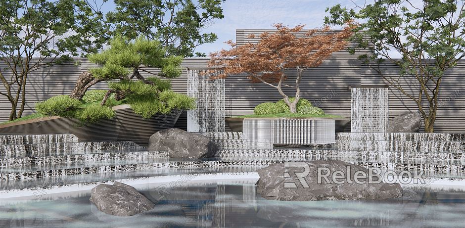 New Chinese style landscape sketch water drop landscape wall pine tree water feature stone courtyard water feature sketch overlapping water landscape model