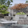 Scenic Wall with Waterfall Rocks Trees and Reflective Water Pond 3d model