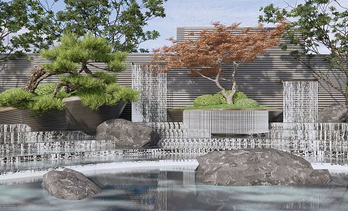 New Chinese style landscape sketch water drop landscape wall pine tree water feature stone courtyard water feature sketch overlapping water landscape 3d model