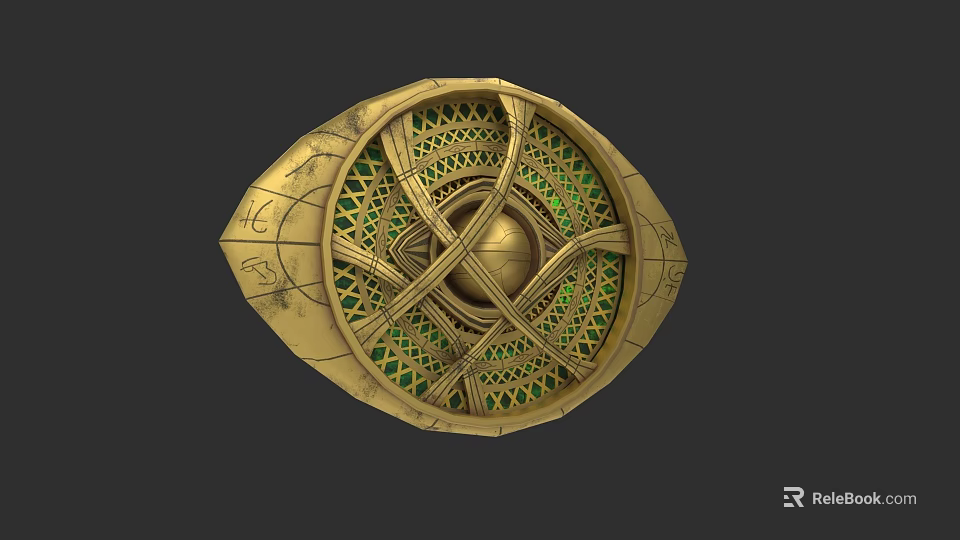 Intricate Gold Patterned Display Cabinet Showcasing Collectible Figurines With Green Accents 3d model 