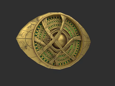 Intricate Gold Patterned Display Cabinet Showcasing Collectible Figurines With Green Accents 3d model