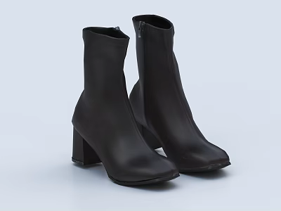 Black Leather Ankle Boots With Block Heel And Side Zipper For Everyday Wear 3d model