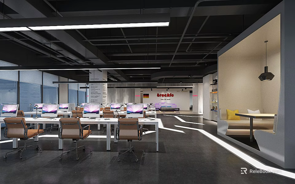 Modern Public Office Space Interior With Open Workstations Computers White Desks Brown Chairs Linear Lights 3d model