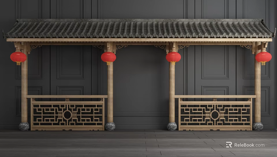 Traditional Chinese Architectural Component With Bamboo Pillars Red Lanterns Carved Railings And Tile Roof 3d model 