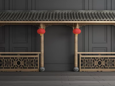 Traditional Chinese Architectural Component With Bamboo Pillars Red Lanterns Carved Railings And Tile Roof 3d model
