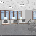 Bright Spacious School Classroom With Desks Chairs Blackboard Screen Windows And Ceiling Lights