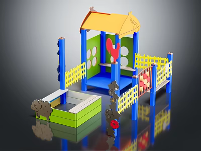 Colorful Playground Equipment With Yellow Roof Blue Pillars Green Platform And Climbing Features 3d model