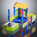 Colorful Playground Equipment With Yellow Roof Blue Pillars Green Platform And Climbing Features