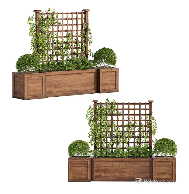 Outdoor Climbing Vines On Wooden Trellis With Decorative Planters And Green Bushes 3d model 