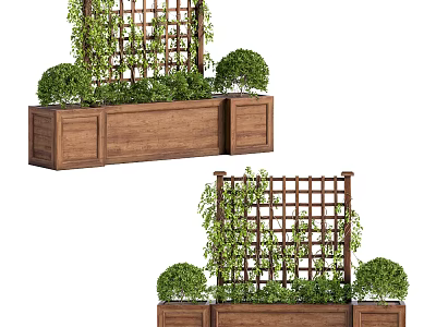 Outdoor Climbing Vines On Wooden Trellis With Decorative Planters And Green Bushes 3d model