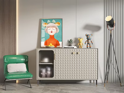 Modern Gray Console Cabinet With Sideboard Green Chair Artwork Ornaments And Floor Lamp 3d model