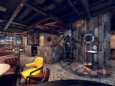 Vintage Industrial Restaurant Interior With Wooden Walls Leather Seats And Lifebuoy Decor 3d model
