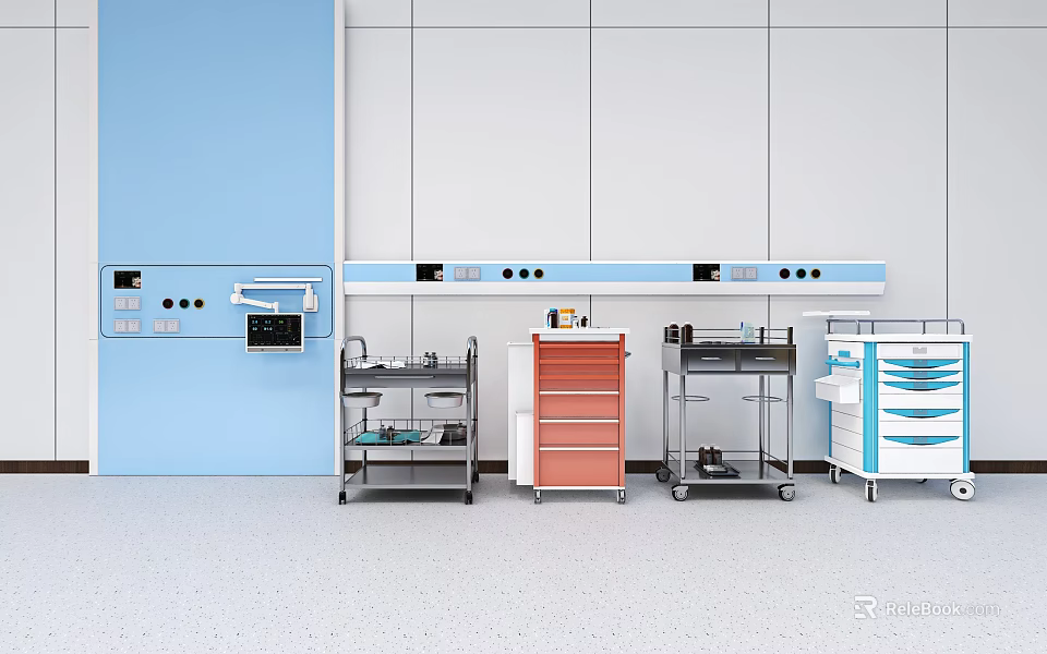 Medical Equipment in Hospital Room With Colorful Medical Carts and Wall Panels 3d model 