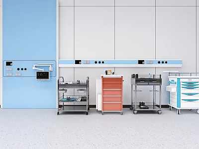 Medical Equipment in Hospital Room With Colorful Medical Carts and Wall Panels 3d model