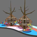 Outdoor Treehouses with Tree Trunks Colorful Spiral Slides Platforms and Playground Areas
