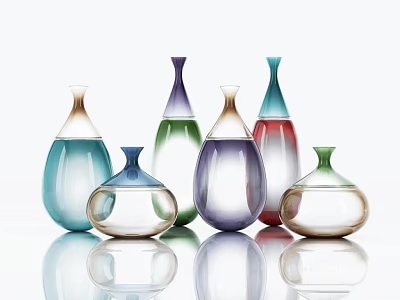 Colorful Elegant Ceramic Vases With Various Shapes Glossy Surfaces And Reflections On White Background 3d model