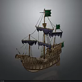 Ancient Wooden Sailing Ship Model With Green Flags And Purple Decorations
