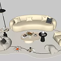 White Curved Sofa and Coffee Table Set with Armchair Floor Lamp Pillows on Soft Rug