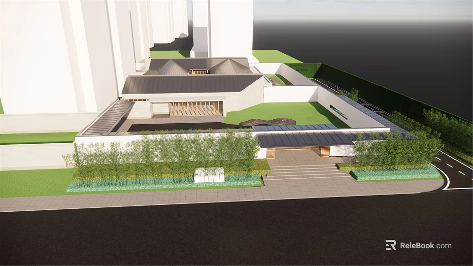 Modern Sales Office Building With Green Roof Entrance Steps And Surrounding Trees 3d model 