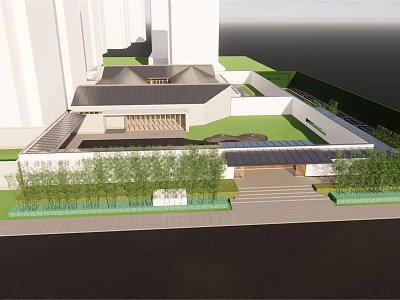 Modern Sales Office Building With Green Roof Entrance Steps And Surrounding Trees 3d model