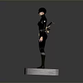 Sleek Black Tactical Weapon Carried By Goggled Figure In Bodysuit On White Pedestal