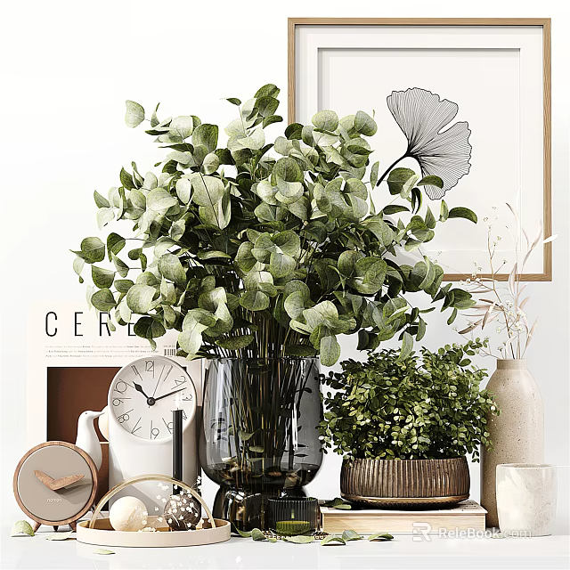 Elegant Decorative Ornament Set With Green Plants Glass Vase Clock And Potted Plant 3d model 
