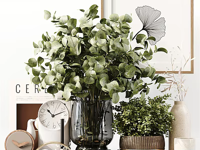 Elegant Decorative Ornament Set With Green Plants Glass Vase Clock And Potted Plant 3d model