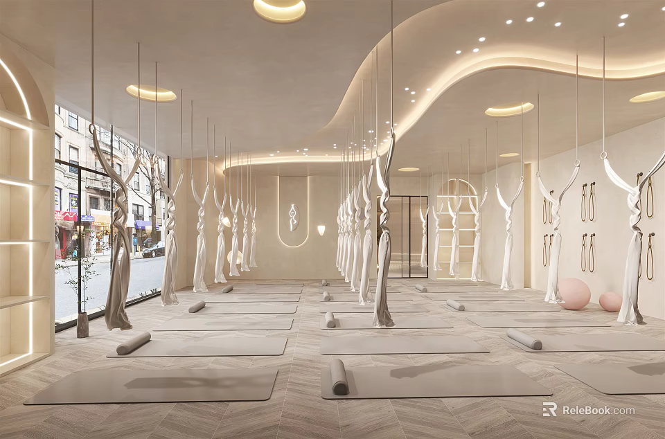 Bright Yoga Studio Interior With Open Space Hanging Equipment And Yoga Mats 3d model 