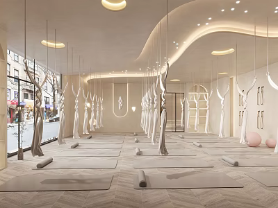 Bright Yoga Studio Interior With Open Space Hanging Equipment And Yoga Mats 3d model