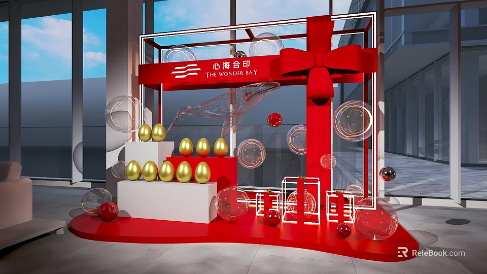 Red Frame Decorative Setup With Red Bow Golden Spheres And Clear Orbs On Red Platform 3d model 