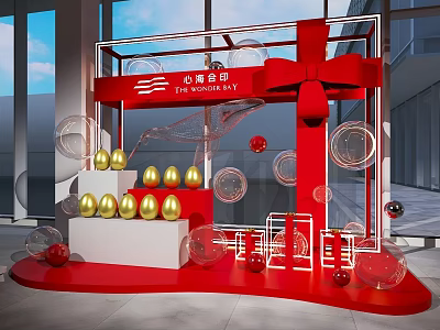 Red Frame Decorative Setup With Red Bow Golden Spheres And Clear Orbs On Red Platform 3d model