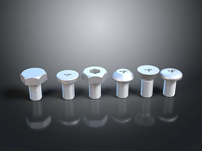 Metal Bolts With Various Head Shapes Arranged On Black Background With Reflective Finish 3d model