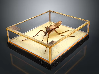 Large Mosquito Specimen In Glass Display Case With Golden Frame On Black Background 3d model