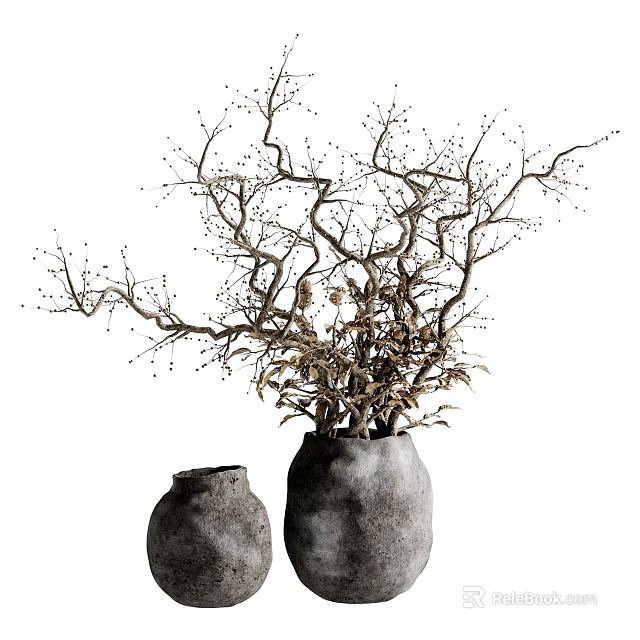 Artistic Bonsai Plant with Twisted Branches in Rustic Clay Pot and Small Berries 3d model 