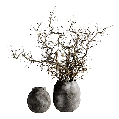 Artistic Bonsai Plant with Twisted Branches in Rustic Clay Pot and Small Berries 3d model