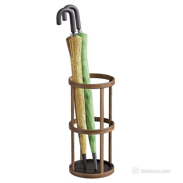 Wooden Umbrella Stand with Two Umbrellas and Circular Ring Design 3d model 