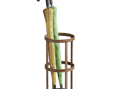 Wooden Umbrella Stand with Two Umbrellas and Circular Ring Design 3d model
