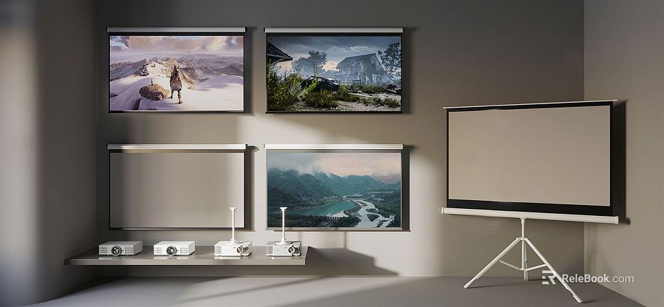 Projection Monitoring System With Wall Mounted And Floor Standing Screens Multiple Projectors Indoor Setup 3d model 