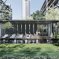 Residential Landscape with Modern Apartment Building Lush Trees Green Lawn and Recreational Space