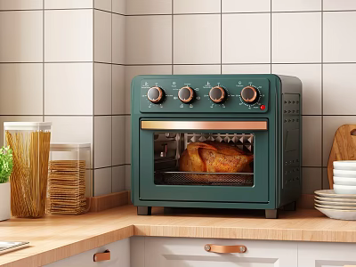 Green Countertop Oven With Roasted Chicken In Modern Kitchen White Tiled Wall And Wooden Countertop 3d model