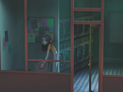 Cartoon Scene Of Girl In Laundry Room With Washing Machines And Window Stickers 3d model