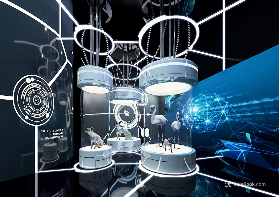 Hi Tech Exhibition Hall With Modern Lighting Display Stands Exhibits And Digital Screens 3d model 