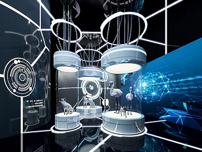 Hi Tech Exhibition Hall With Modern Lighting Display Stands Exhibits And Digital Screens 3d model