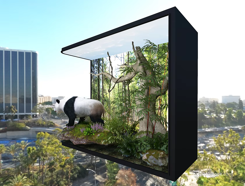 Sleek Black TV Displaying Panda in Natural Habitat with Cityscape Background and Green Plants 3d model 