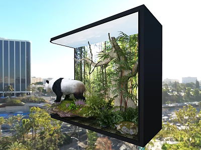 Sleek Black TV Displaying Panda in Natural Habitat with Cityscape Background and Green Plants 3d model