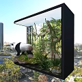 Sleek Black TV Displaying Panda in Natural Habitat with Cityscape Background and Green Plants