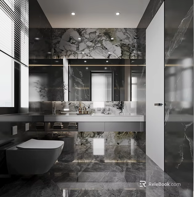Elegant Modern Bathroom Interior With Marble Vanity And Large Mirror 3d model 