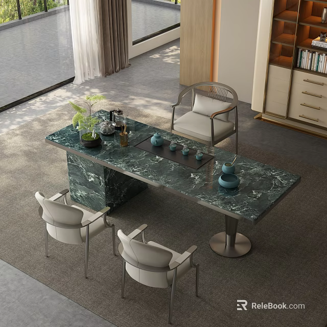 Modern Green Marble Tea Table With Comfortable Chairs And Tea Sets 3d model 